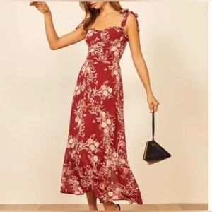Reformation Nikita Juliette Red Floral Tiered Midi Dress Tie Straps size 12
